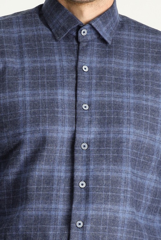 Erkek Giyim - Uzun Kol Slim Fit Dar Kesim Oduncu Ekose Pamuklu Gömlek