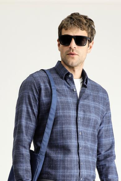 Erkek Giyim - HAVACI MAVİ XL Beden Uzun Kol Slim Fit Oduncu Ekose Pamuklu Gömlek