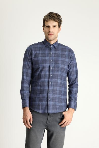 Erkek Giyim - HAVACI MAVİ XL Beden Uzun Kol Slim Fit Oduncu Ekose Pamuklu Gömlek