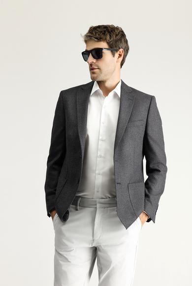 Erkek Giyim - KOYU ANTRASİT 58 Beden Slim Fit Desenli Ceket