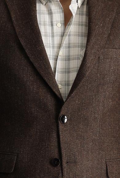 Erkek Giyim - KOYU KAHVE 54 Beden Slim Fit Yünlü Klasik Desenli Ceket