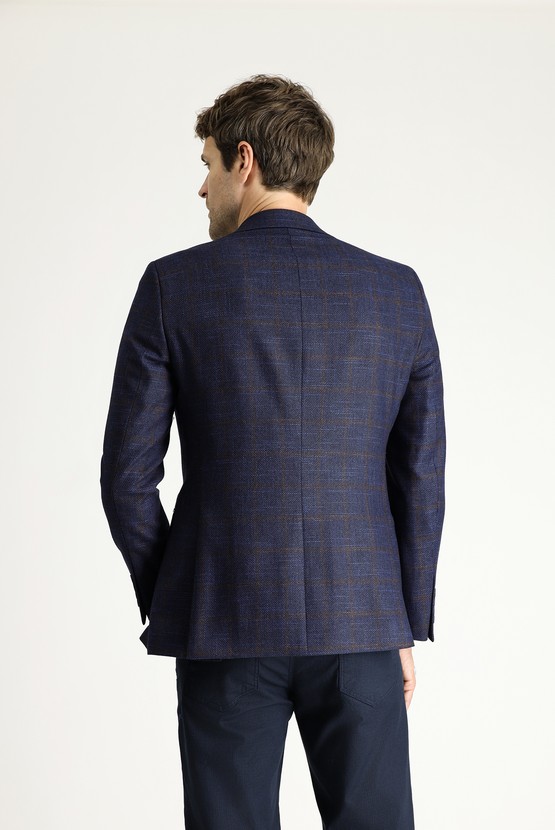Erkek Giyim - Slim Fit Dar Kesim Yünlü Klasik Kareli Ceket