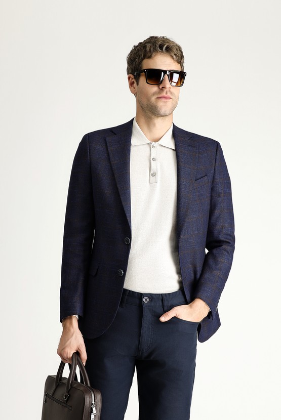Erkek Giyim - Slim Fit Dar Kesim Yünlü Klasik Kareli Ceket