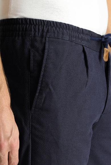 Erkek Giyim - KOYU LACİVERT 50 Beden Slim Fit Beli Lastikli İpli Desenli Likralı Pantolon