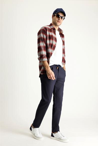 Erkek Giyim - KOYU LACİVERT 50 Beden Slim Fit Beli Lastikli İpli Desenli Likralı Pantolon