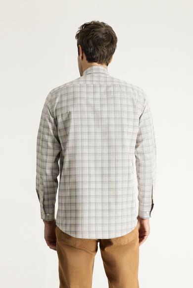 Erkek Giyim - AÇIK BEJ 3X Beden Uzun Kol Regular Fit Ekose Pamuklu Gömlek