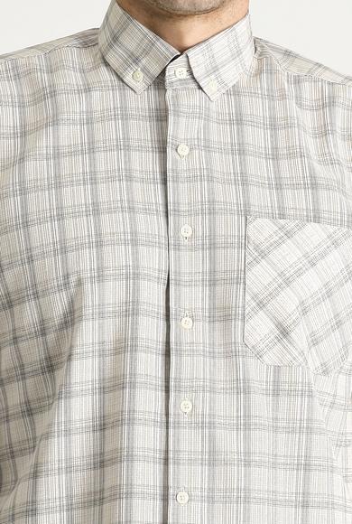 Erkek Giyim - AÇIK BEJ 3X Beden Uzun Kol Regular Fit Ekose Pamuklu Gömlek