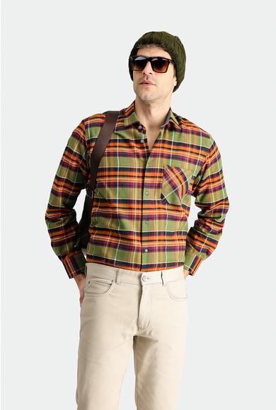 Erkek Giyim - YAĞ YEŞİLİ LOT 1 M Beden Uzun Kol Regular Fit Ekose Oduncu Pamuklu Gömlek