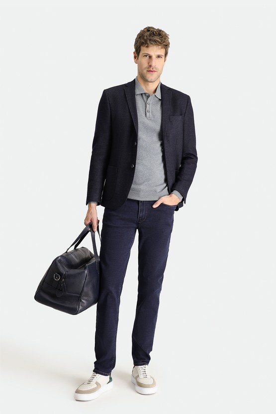 Erkek Giyim - Super Slim Fit Ekstra Dar Kesim Yünlü Çizgili Örme Ceket
