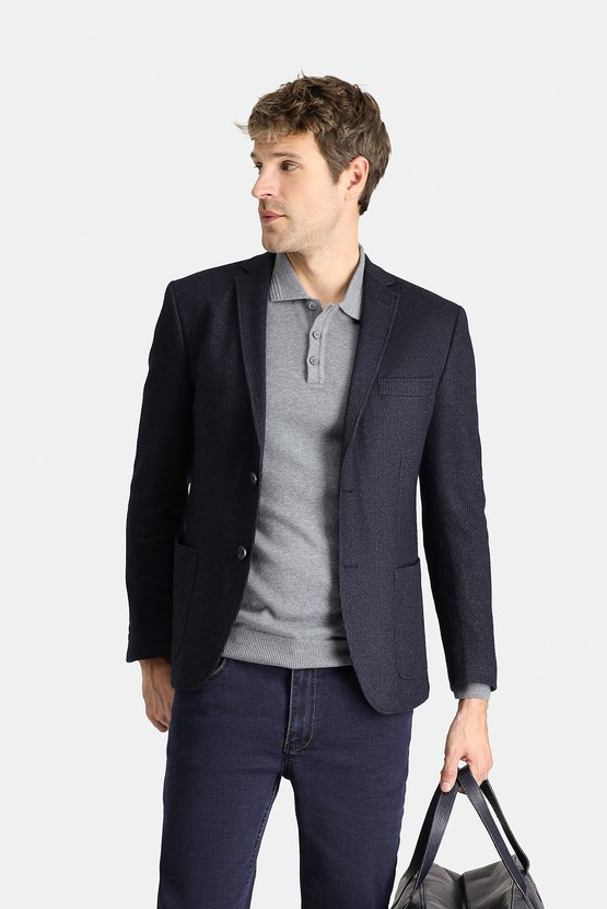 Erkek Giyim - Super Slim Fit Ekstra Dar Kesim Yünlü Çizgili Örme Ceket