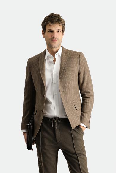 Erkek Giyim - KOYU VİZON 46 Beden Süper Slim Fit Yünlü Klasik Çizgili Ceket