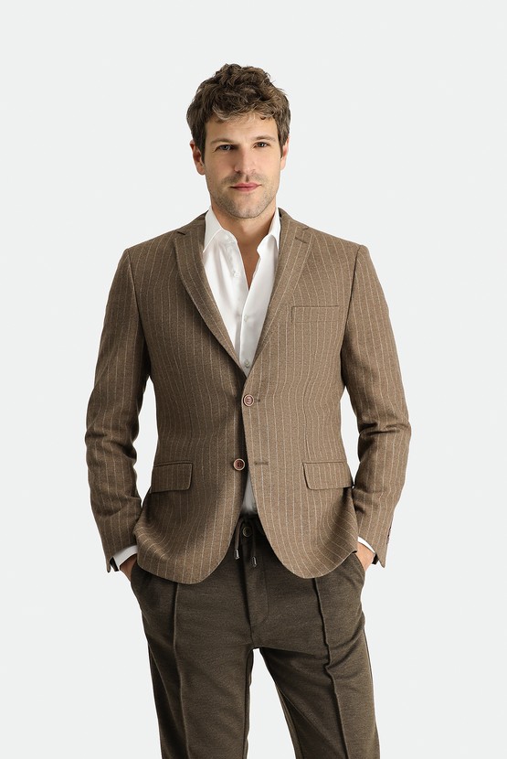 Erkek Giyim - Super Slim Fit Ekstra Dar Kesim Yünlü Klasik Çizgili Ceket