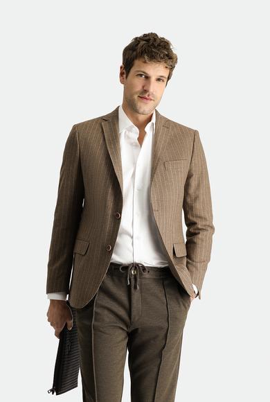 Erkek Giyim - KOYU VİZON 46 Beden Süper Slim Fit Yünlü Klasik Çizgili Ceket