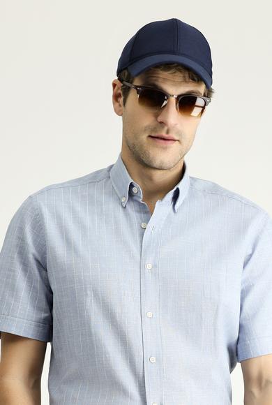 Erkek Giyim - AÇIK MAVİ M Beden Kısa Kol Regular Fit Çizgili Pamuk Gömlek
