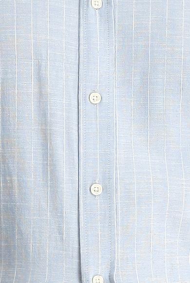 Erkek Giyim - AÇIK MAVİ M Beden Kısa Kol Regular Fit Çizgili Pamuk Gömlek