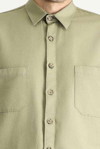 Erkek Giyim - AÇIK HAKİ 52 Beden Uzun Kol Oversize Shacket Keten Gömlek / Mont