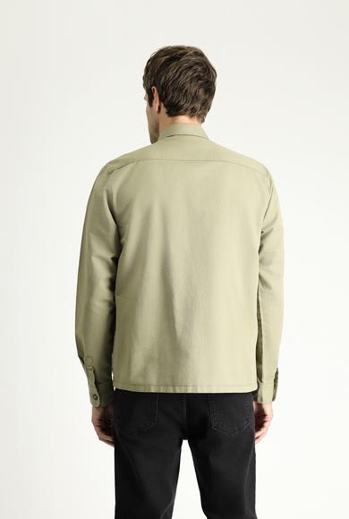 Erkek Giyim - AÇIK HAKİ 52 Beden Uzun Kol Oversize Shacket Keten Gömlek / Mont
