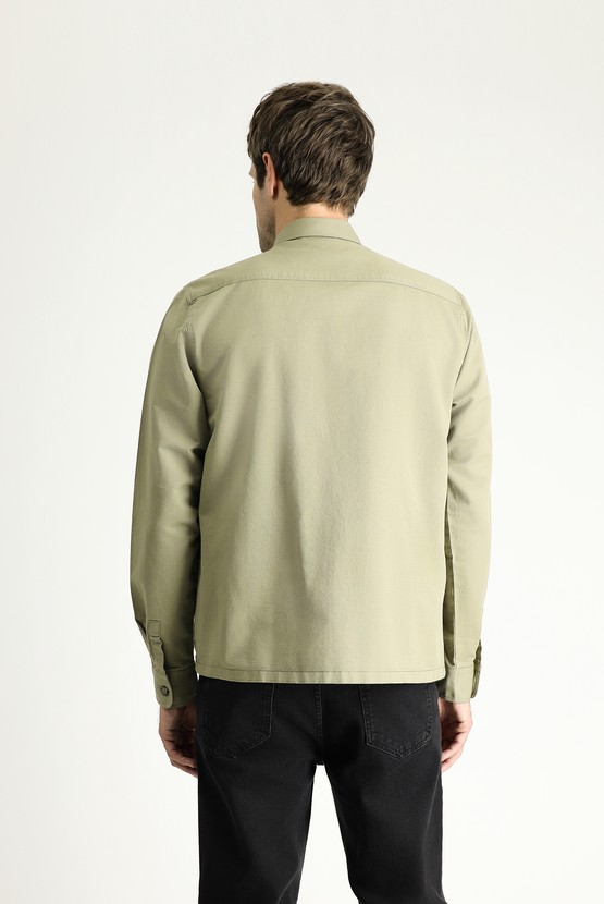 Erkek Giyim - Uzun Kol Oversize Shacket Keten Gömlek / Mont
