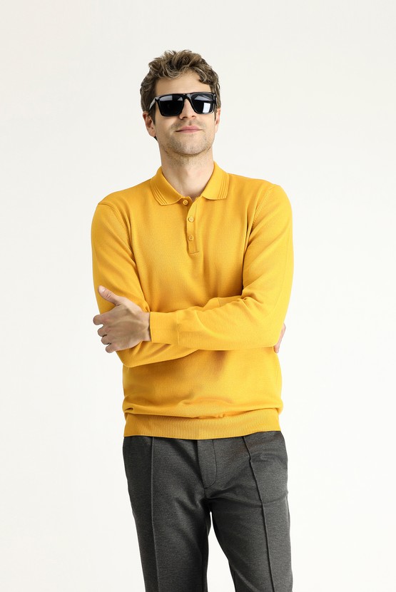 Erkek Giyim - Polo Yaka Regular Fit Pamuklu Triko Kazak