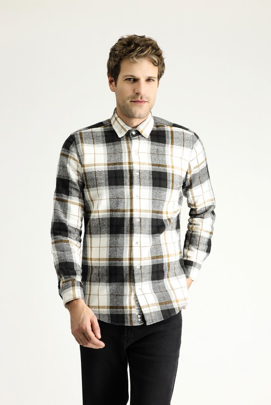 Erkek Giyim - Uzun Kol Slim Fit Dar Kesim Oduncu Ekose Pamuk Gömlek