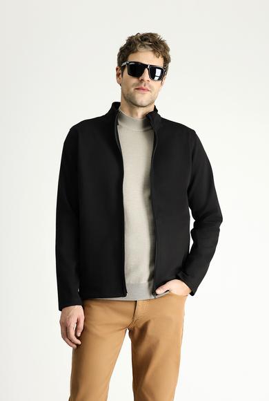 Erkek Giyim - SİYAH L Beden Slim Fit Fermuarlı Sweatshirt