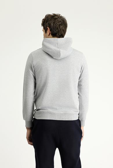 Erkek Giyim - AÇIK GRİ MELANJ S Beden Slim Fit Kapüşonlu Baskılı Pamuklu Sweatshirt