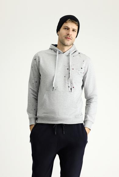 Erkek Giyim - AÇIK GRİ MELANJ S Beden Slim Fit Kapüşonlu Baskılı Pamuklu Sweatshirt