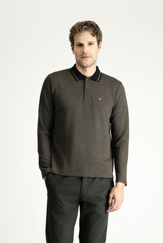 Erkek Giyim - Polo Yaka Regular Fit Desenli Nakışlı Sweatshirt