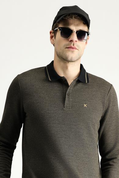 Erkek Giyim - ORTA KAHVE L Beden Polo Yaka Regular Fit Desenli Nakışlı Sweatshirt