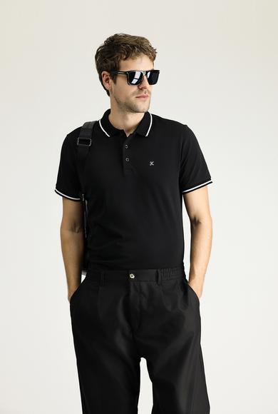 Erkek Giyim - SİYAH L Beden Polo Yaka Slim Fit Nakışlı Süprem Pamuklu Tişört
