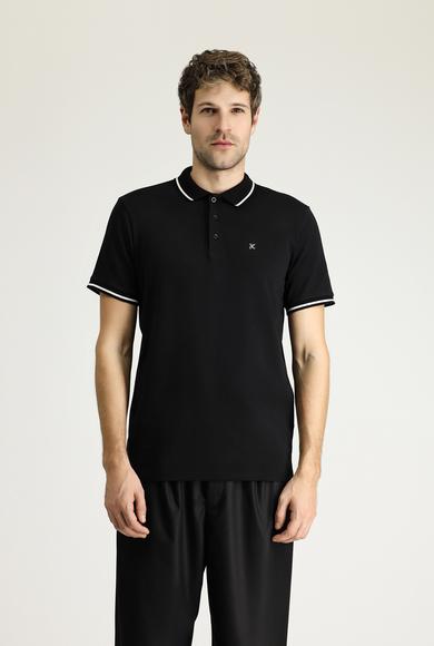 Erkek Giyim - SİYAH L Beden Polo Yaka Slim Fit Nakışlı Süprem Pamuklu Tişört
