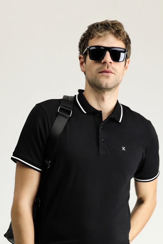 Erkek Giyim - Polo Yaka Slim Fit Dar Kesim Nakışlı Süprem Pamuklu Tişört