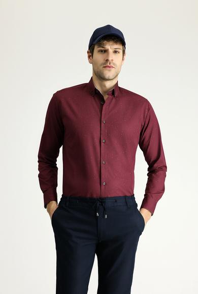 Erkek Giyim - AÇIK BORDO 3X Beden Uzun Kol Slim Fit Dar Kesim Baskılı Pamuk Gömlek