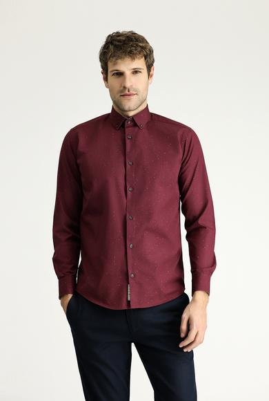 Erkek Giyim - AÇIK BORDO 3X Beden Uzun Kol Slim Fit Dar Kesim Baskılı Pamuk Gömlek
