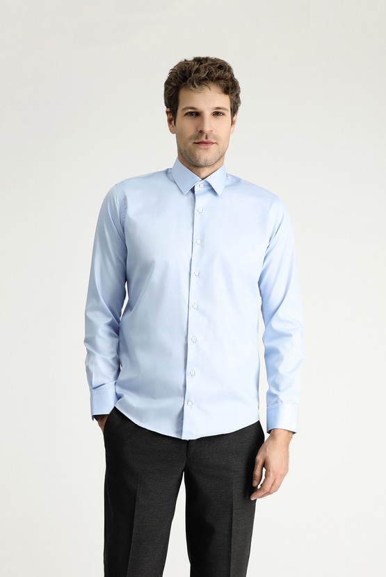 Erkek Giyim - Uzun Kol Slim Fit Dar Kesim Klasik Non Iron Saten Pamuklu Gömlek