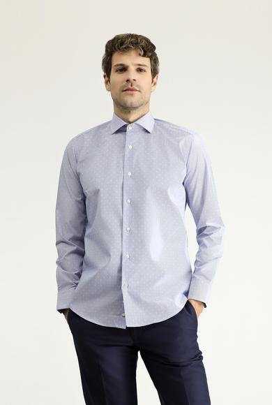 Erkek Giyim - KOYU MAVİ XL Beden Uzun Kol Slim Fit Dar Kesim Non Iron Klasik Desenli Pamuklu Gömlek