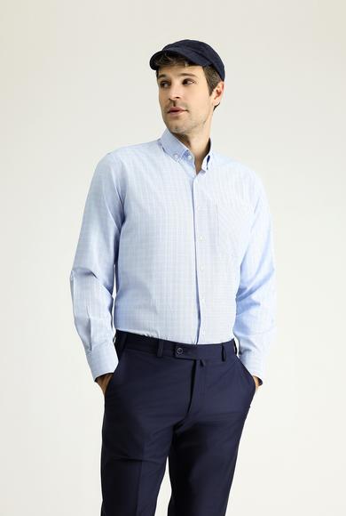 Erkek Giyim - GÖK MAVİSİ XXL Beden Uzun Kol Regular Fit Ekose Pamuklu Gömlek