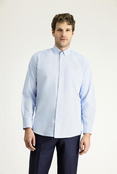 Erkek Giyim - GÖK MAVİSİ XXL Beden Uzun Kol Regular Fit Ekose Pamuklu Gömlek