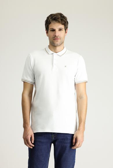 Erkek Giyim - BEYAZ L Beden Polo Yaka Slim Fit Nakışlı Süprem Pamuklu Tişört