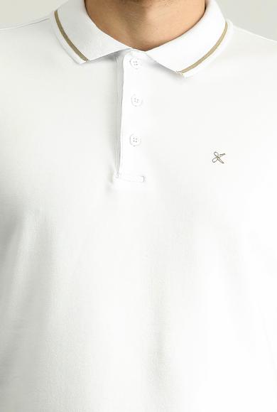 Erkek Giyim - BEYAZ L Beden Polo Yaka Slim Fit Nakışlı Süprem Pamuklu Tişört