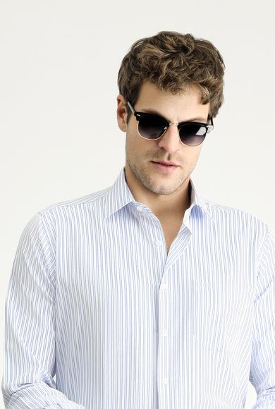 Erkek Giyim - AÇIK MAVİ 4X Beden Uzun Kol Regular Fit Çizgili Pamuklu Gömlek