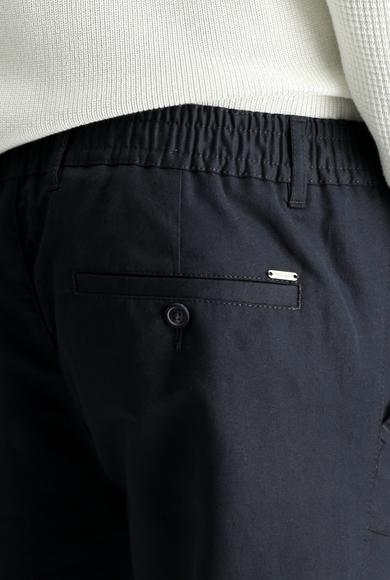 Erkek Giyim - KOYU LACİVERT 46 Beden Slim Fit Dar Kesim Beli Lastikli Keten Kanvas / Chino Pantolon