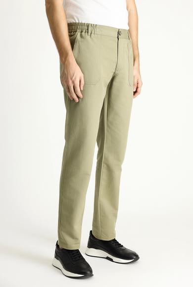 Erkek Giyim - AÇIK HAKİ 46 Beden Slim Fit Dar Kesim Beli Lastikli Keten Kanvas / Chino Pantolon