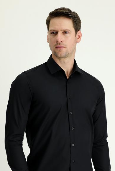 Erkek Giyim - Siyah S Beden Uzun Kol Slim Fit Dar Kesim Non Iron Klasik Pamuklu Gömlek