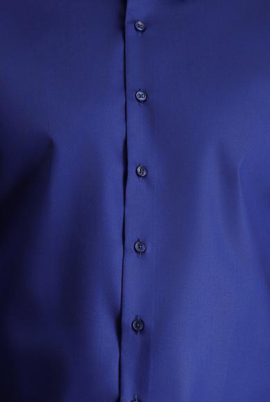 Erkek Giyim - KOYU LACİVERT L Beden Uzun Kol Slim Fit Dar Kesim Klasik Non Iron Saten Pamuklu Gömlek