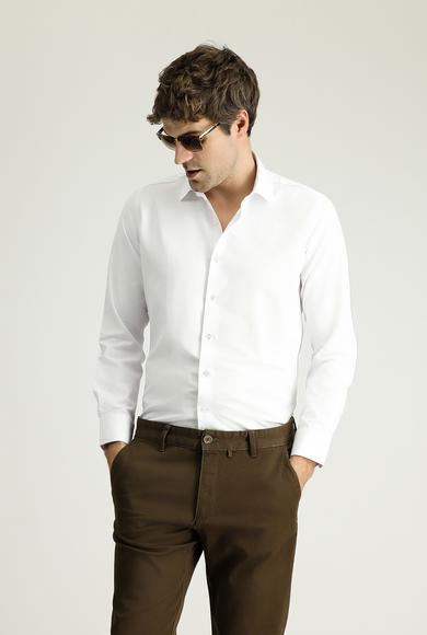Erkek Giyim - BEYAZ S Beden Uzun Kol Slim Fit Dar Kesim Klasik Çizgili Pamuklu Gömlek