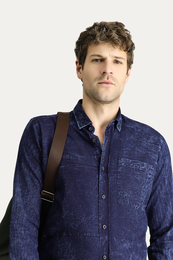 Erkek Giyim - Uzun Kol Slim Fit Dar Kesim Denim Pamuk Gömlek