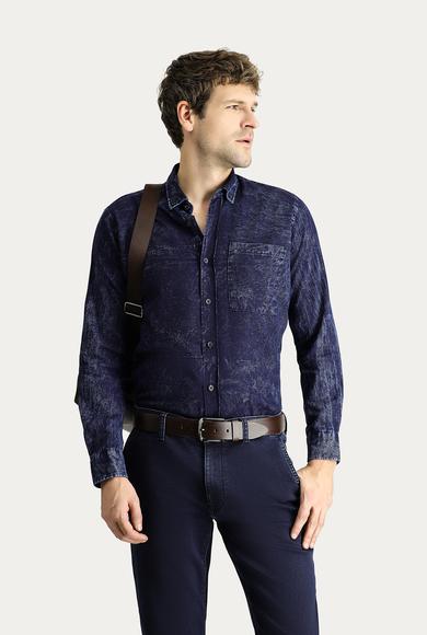 Erkek Giyim - İNDİGO M Beden Uzun Kol Slim Fit Denim Pamuk Gömlek