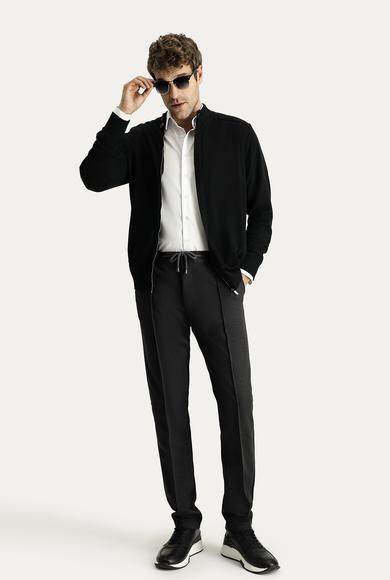 Erkek Giyim - KOYU ANTRASİT 50 Beden Slim Fit Dar Kesim Beli Lastikli İpli Likralı Örme Kanvas / Chino Pantolon