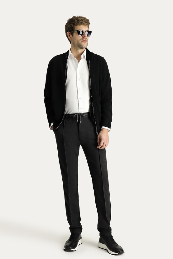 Erkek Giyim - Slim Fit Dar Kesim Beli Lastikli İpli Likralı Örme Kanvas / Chino Pantolon